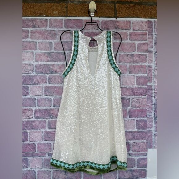 PHO FIRENZE WHITE SEQUIN MINI DRESS WITH DECORATED PROFILES XS - Picture 13 of 17